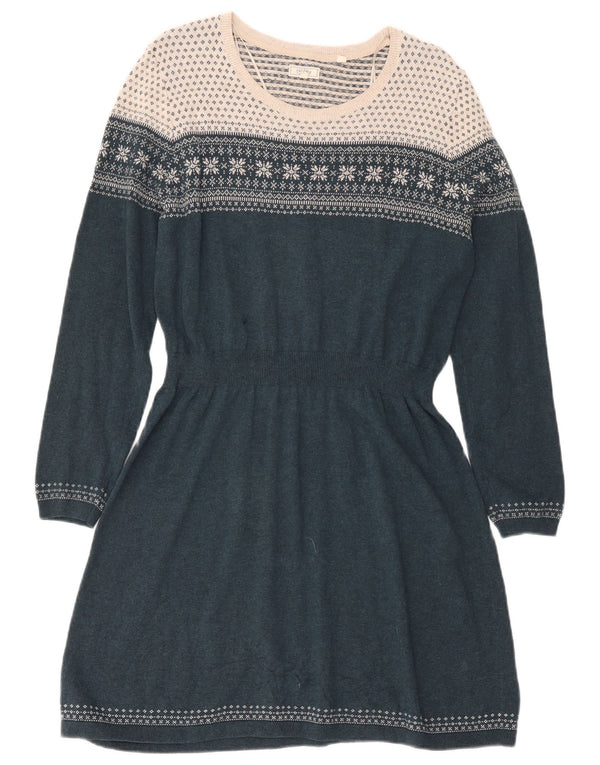 Vestido feminino de manga comprida Fat Face UK 16 grande verde Fair Isle algodão
