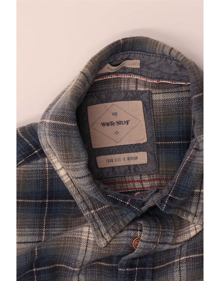 Camisa masculina de flanela clássica de material branco algodão xadrez azul médio