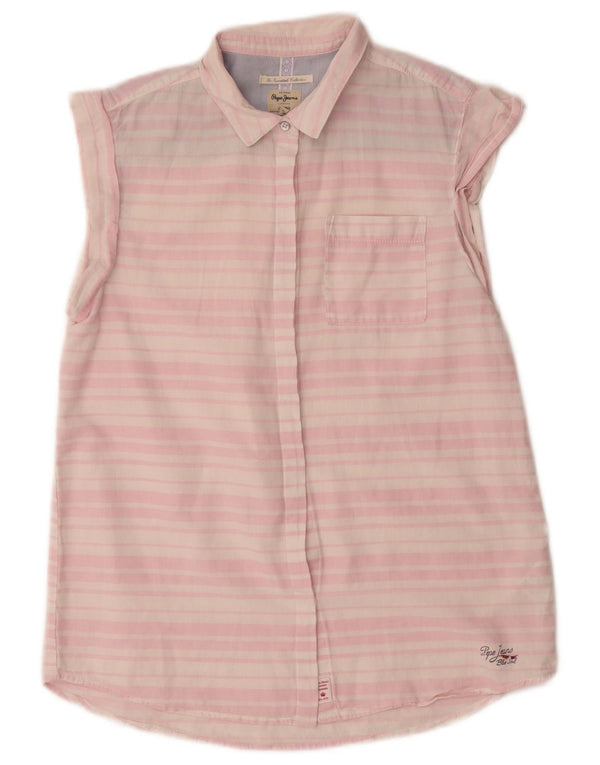 Camisa feminina PEPE Jeans manga curta oversized UK 6 XS rosa listrado linho