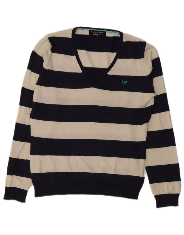 Suéter feminino Crew Clothing com decote em V UK 12 listrado azul marinho médio