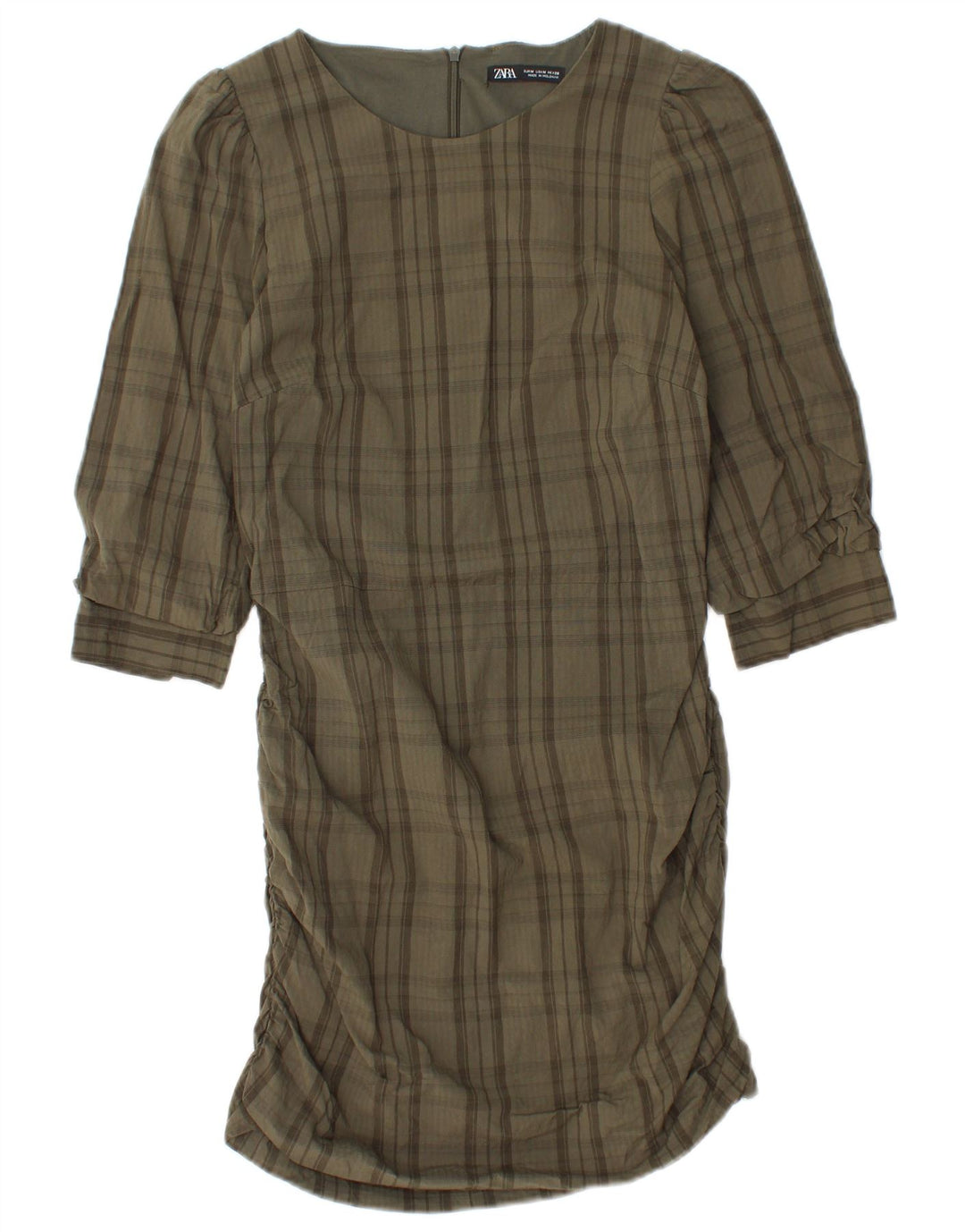 Vestido feminino Zara manga 3/4, Reino Unido 12, médio, cáqui, xadrez, viscose