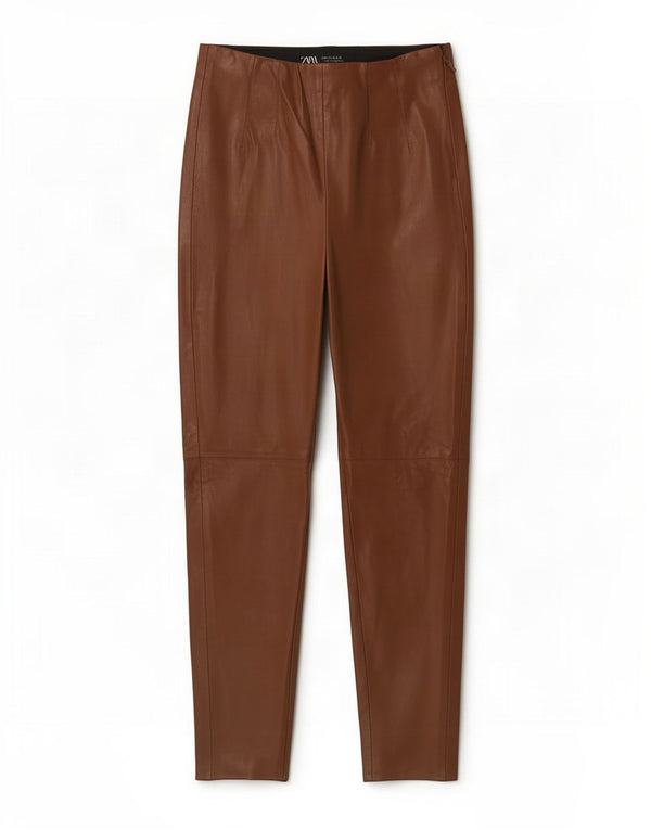Zara Calça feminina skinny de couro sintético médio W28 L26 marrom poliéster