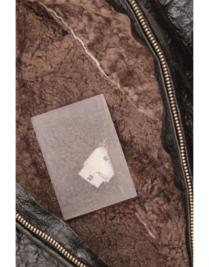 Jaqueta Shearling Feminina Vintage Reino Unido 14 Couro Preto Médio