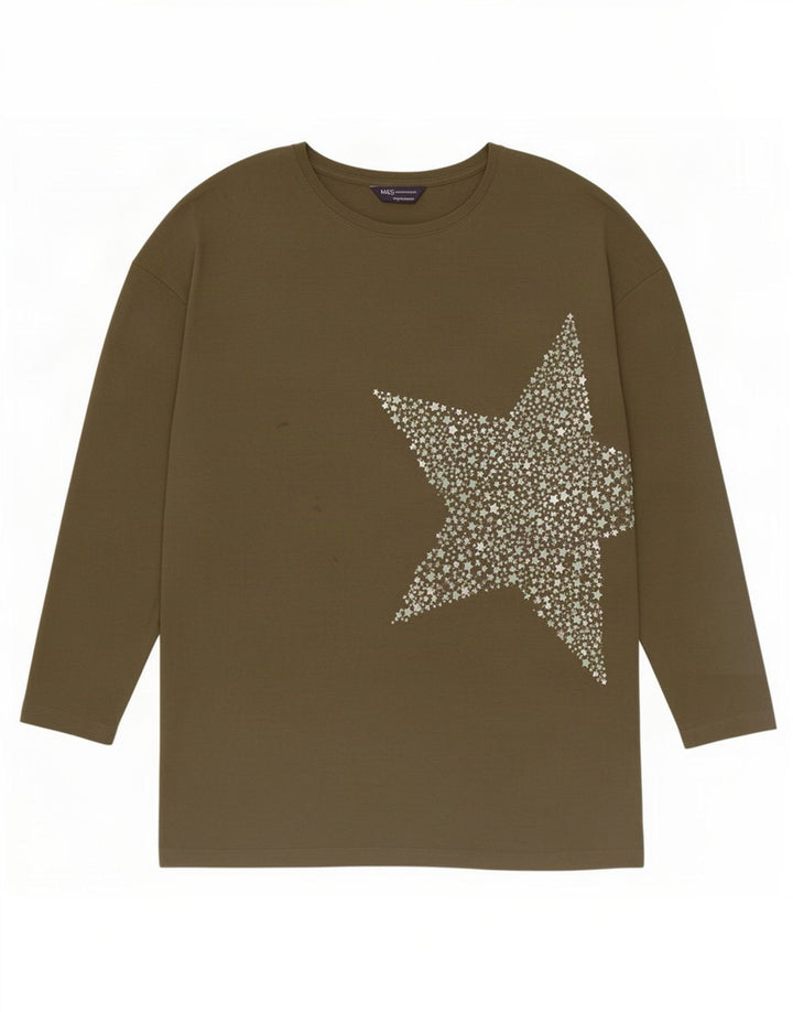Top feminino Marks & Spencer com estampa abstrata de manga comprida Reino Unido 14 grande cáqui