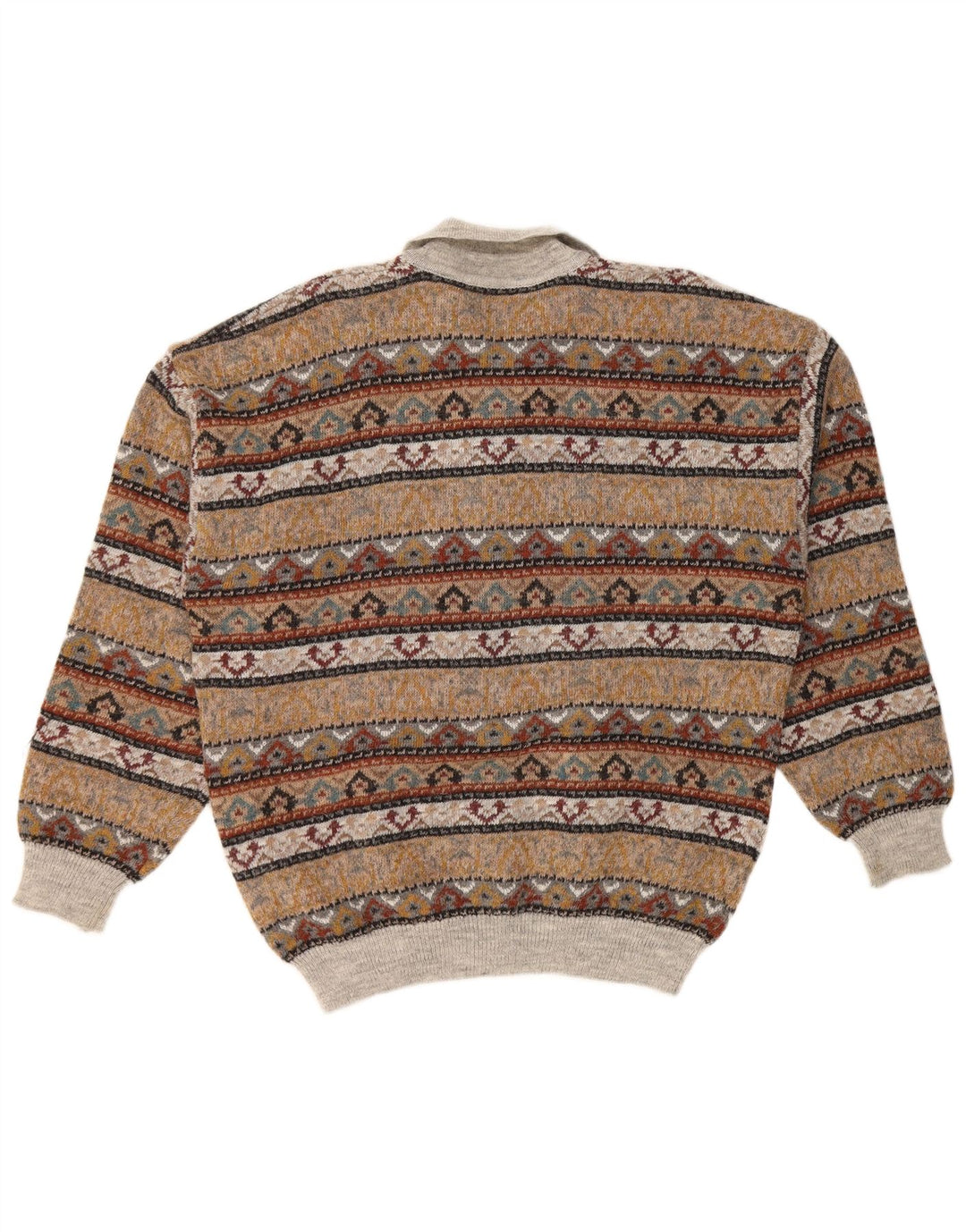 Suéter masculino VINTAGE com gola polo IT 52 grande marrom Fair Isle acrílico