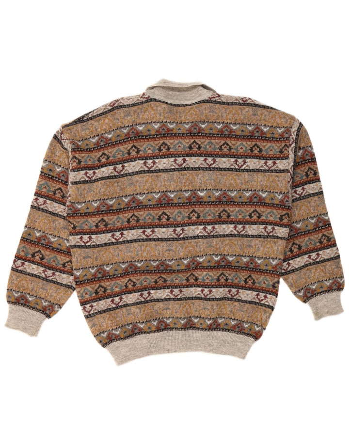 Suéter masculino VINTAGE com gola polo IT 52 grande marrom Fair Isle acrílico