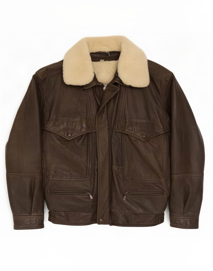 Jaqueta masculina vintage de couro shearling IT 48 marrom médio