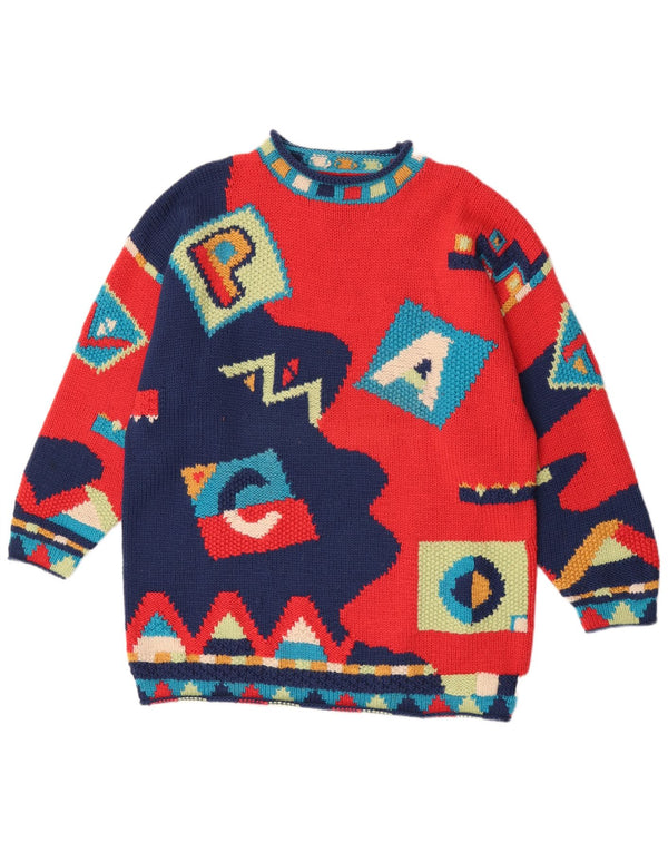 Suéter feminino vintage com gola tartaruga Reino Unido 16 grande novidade geométrica vermelha