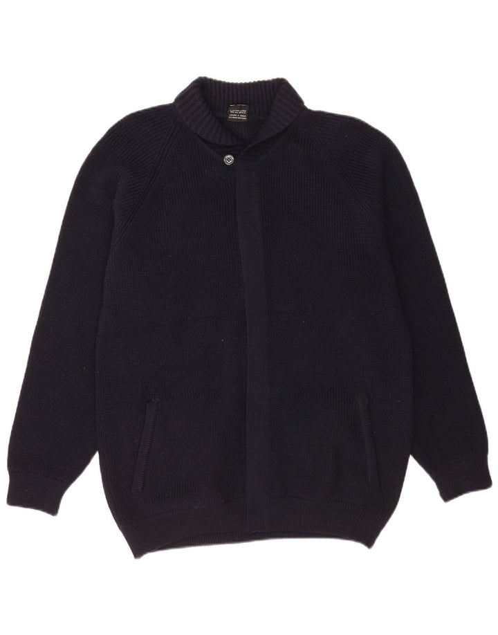 Suéter cardigã masculino vintage de lã virgem azul marinho médio