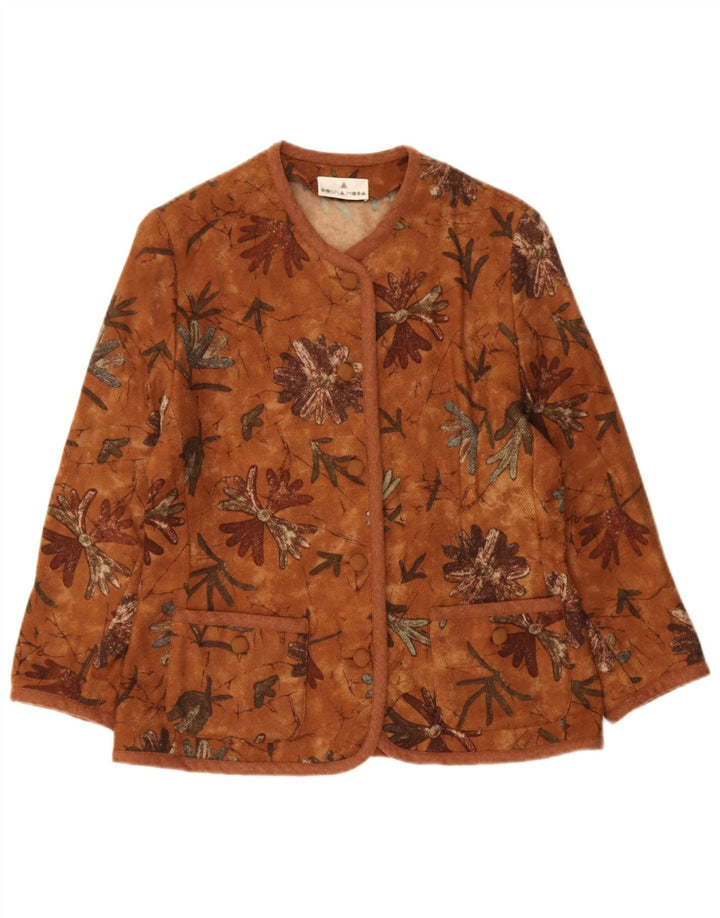 Jaqueta blazer feminina vintage com 5 botões Reino Unido 14 lã floral marrom médio