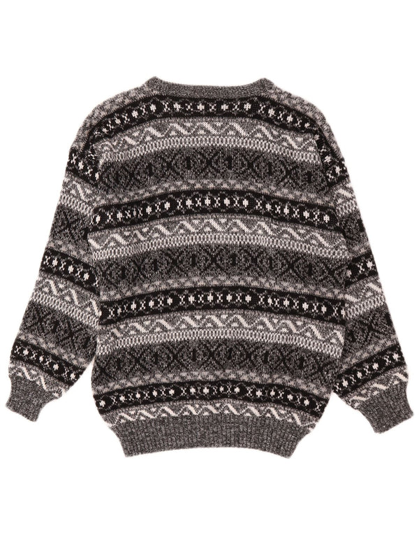 Suéter feminino vintage com gola canoa Reino Unido 16 grande cinza Fair Isle acrílico