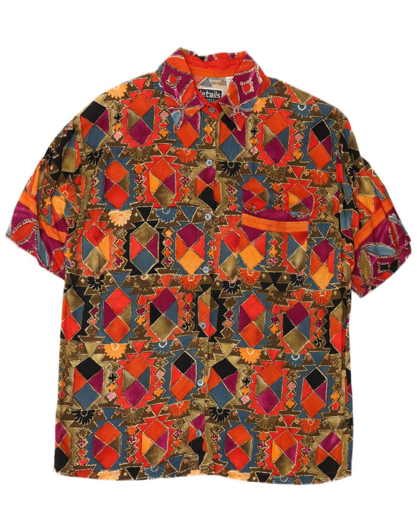 Camisa feminina vintage de manga curta UK 14 média multicolorida geométrica