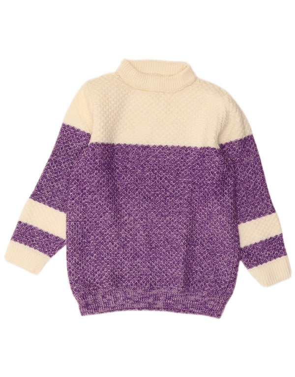 Suéter feminino vintage com gola tartaruga UK 12 bloco colorido roxo médio