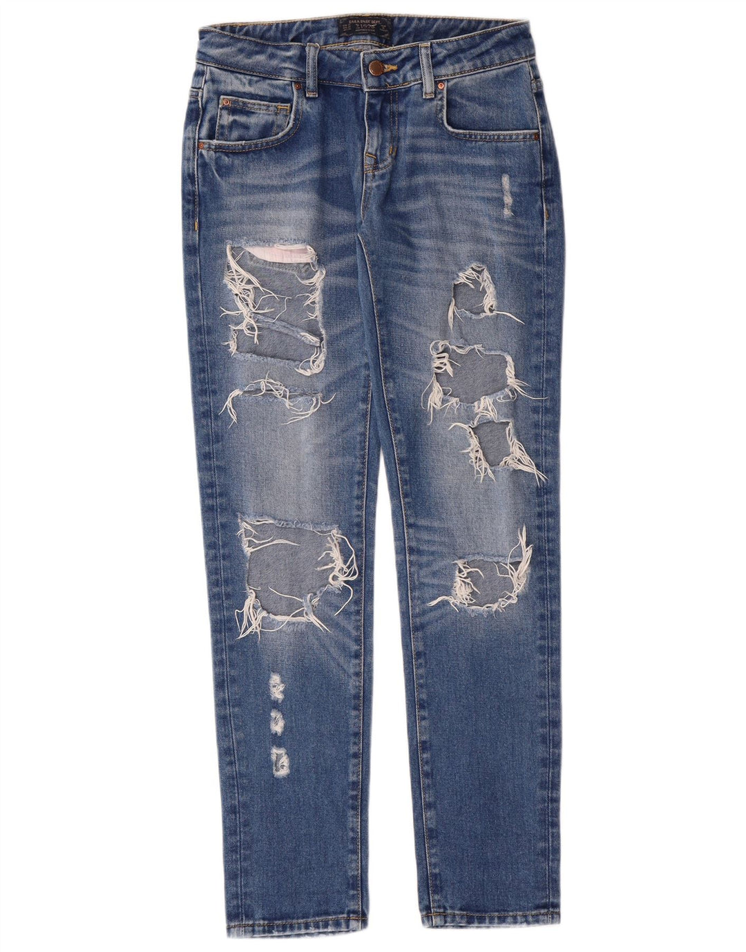 Zara Jeans feminino angustiado cônico EU 34 2XS W24 L30 Azul Grunge
