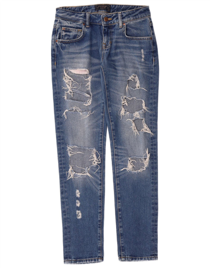 Zara Jeans feminino angustiado cônico EU 34 2XS W24 L30 Azul Grunge