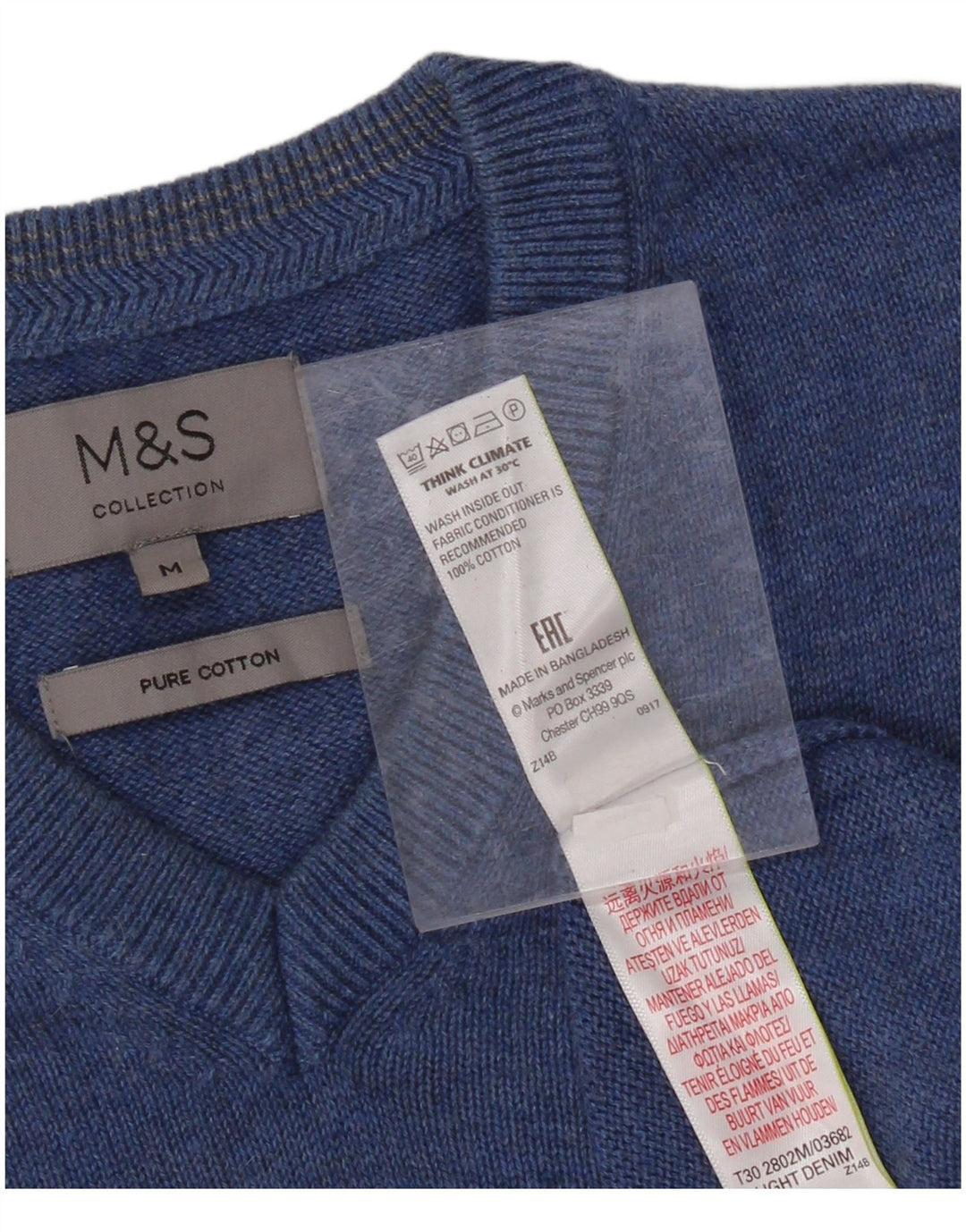 Suéter masculino MARKS & SPENCER com decote em V de algodão azul médio