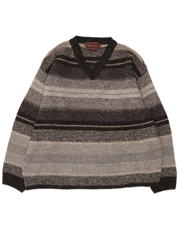 Marlboro Classics Mens V-Neck Jumper Sweater 2XL Grey Striped Wool