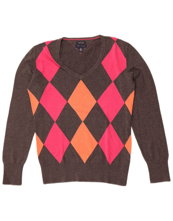 Suéter Tommy Hilfiger feminino com decote em V UK 10 pequeno cinza Argyle/Diamante