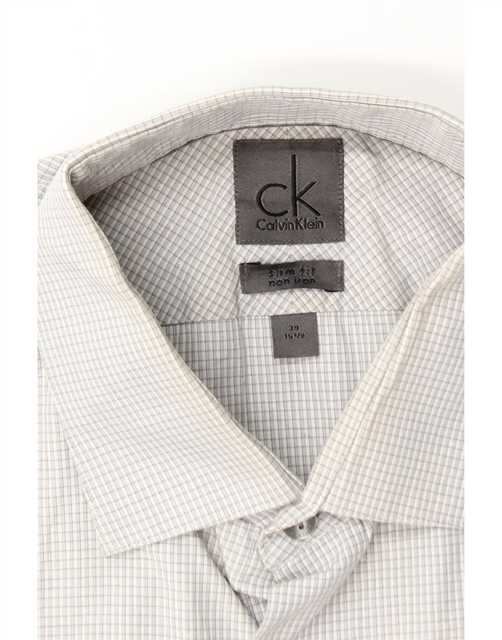 Camisa masculina Calvin Klein Slim Fit tamanho 39 15 1/2 algodão guingão cinza médio