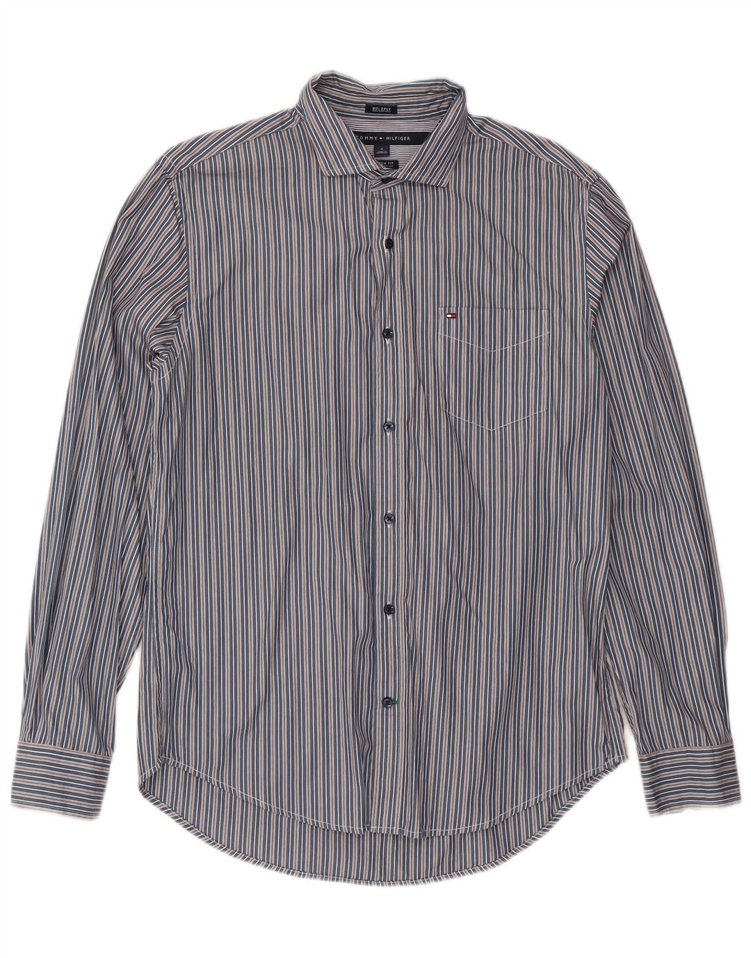 Camisa masculina Tommy Hilfiger Custom Fit média azul marinho listrada de algodão