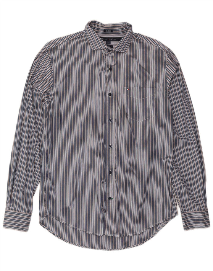 Camisa masculina Tommy Hilfiger Custom Fit média azul marinho listrada de algodão