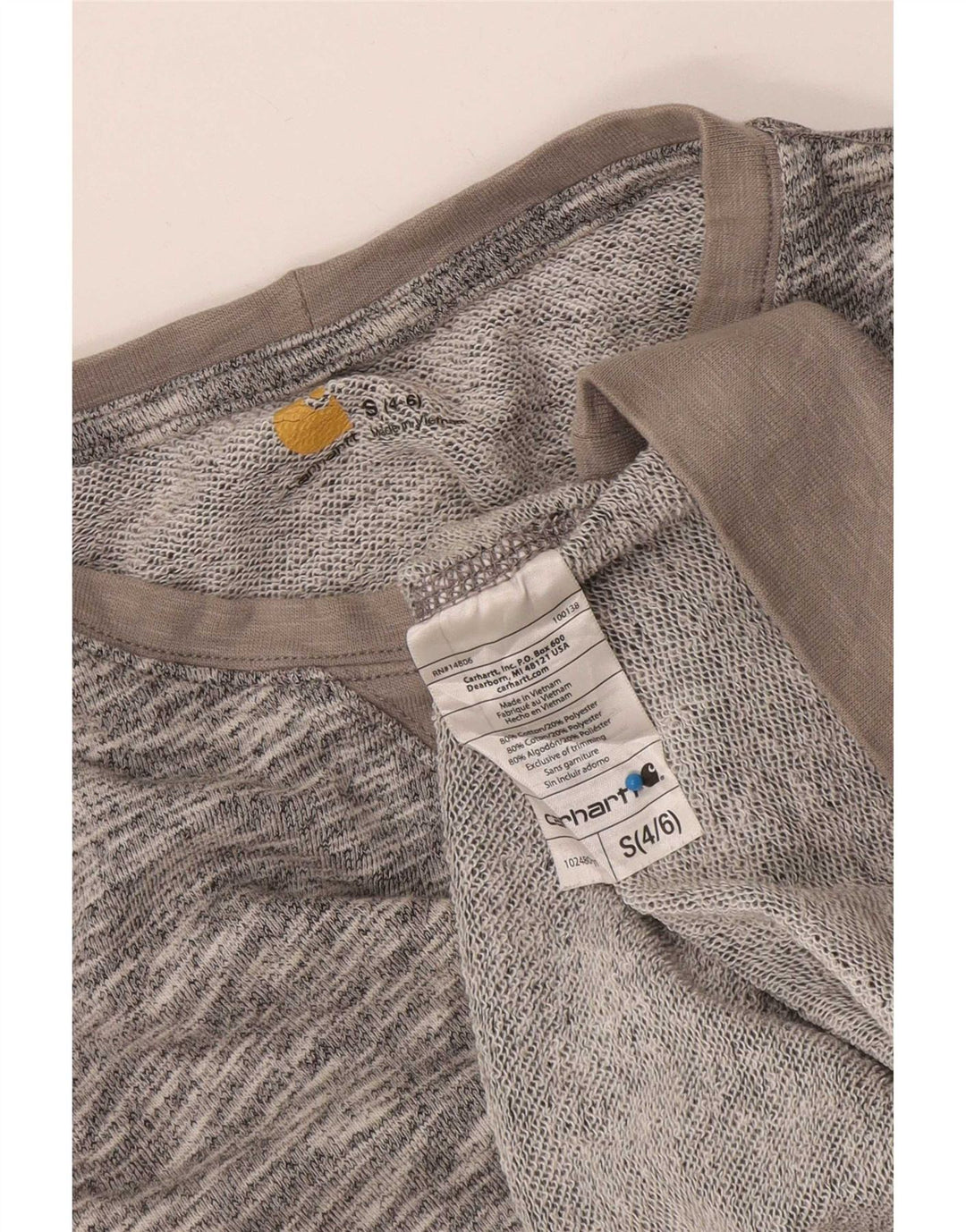 Carhartt moletom feminino jumper US 4/6 pequeno algodão manchado cinza