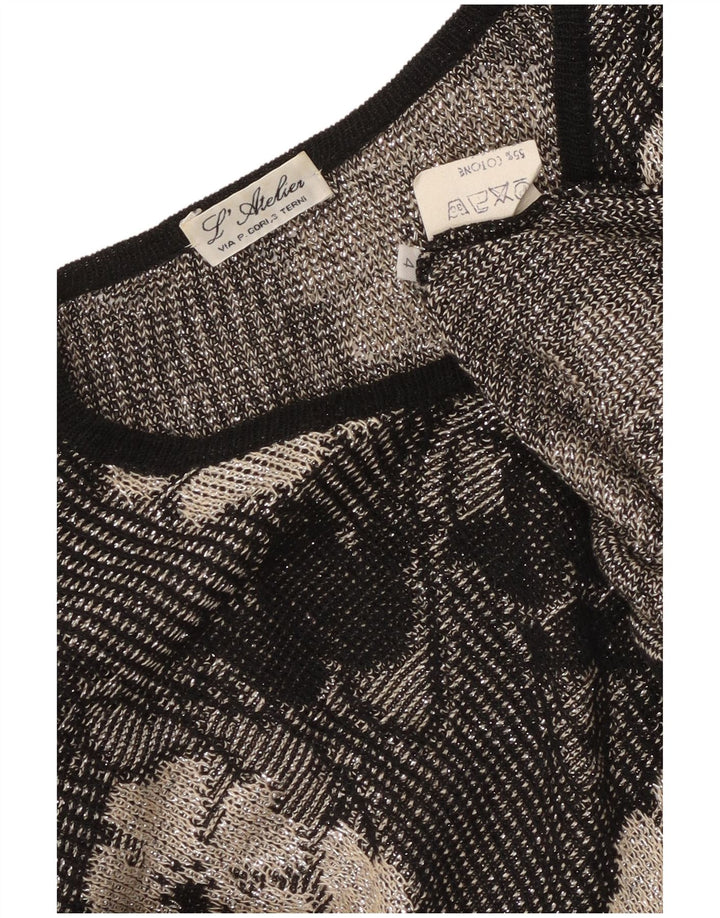 Suéter feminino vintage com gola redonda e botão UK 14 médio preto floral