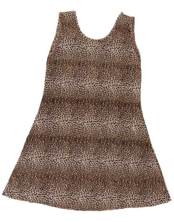 Mini vestido túnica feminino vintage sem mangas Reino Unido 8 pequeno marrom estampa animal