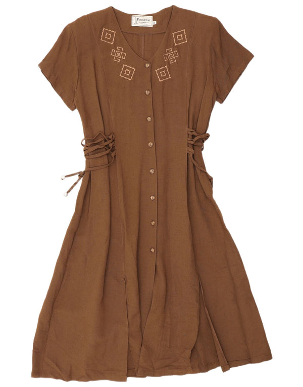 Vestido vintage feminino evasê UK 14 viscose geométrica marrom médio