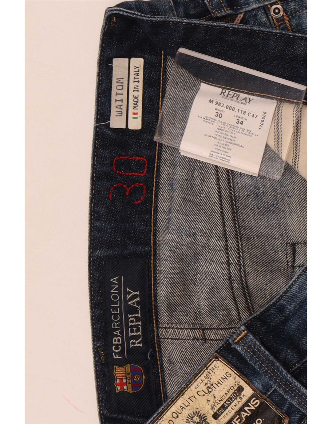 Replay Mens Waitom Straight Jeans W30 L34 Azul Marinho Algodão