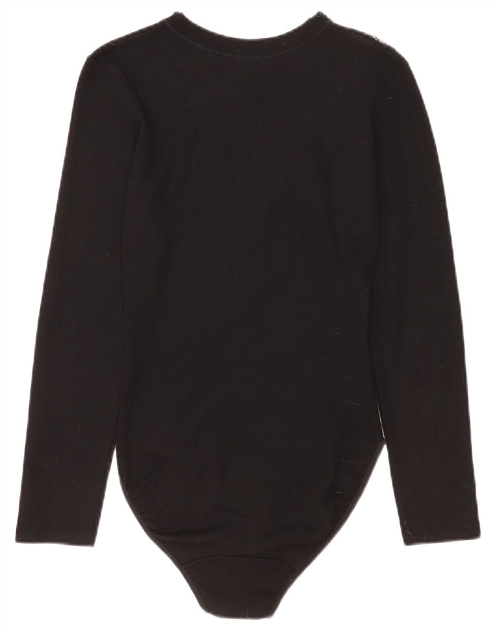 Body feminino vintage de manga comprida UK 2 2XS lã virgem preta