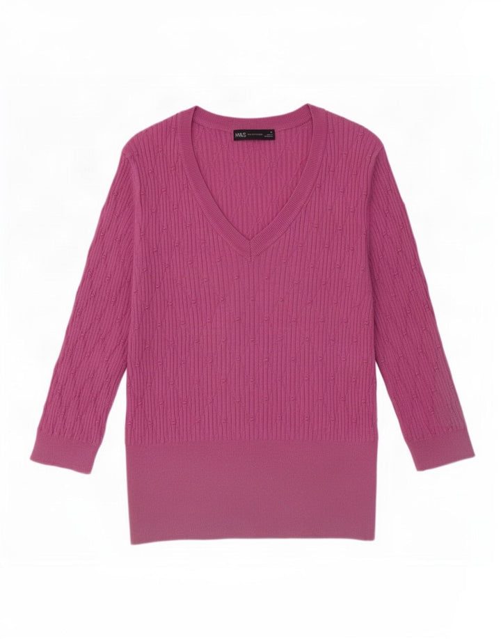 Suéter feminino Marks & Spencer com decote em V e gola V Reino Unido 12 médio rosa