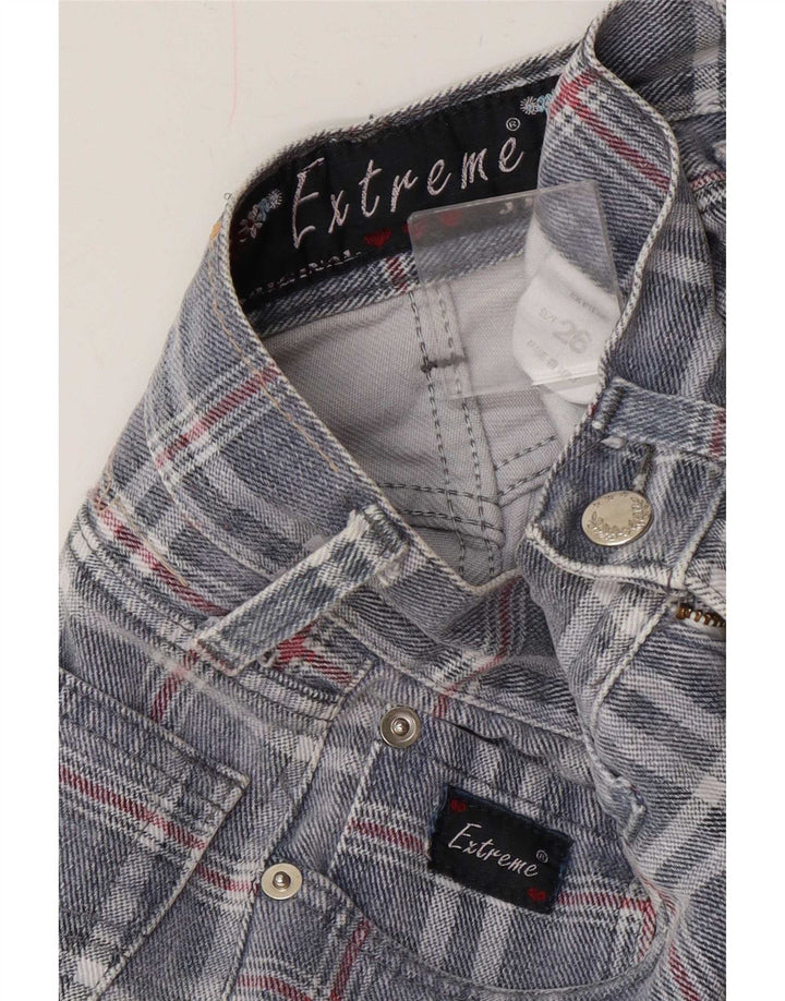 Jeans cônicos femininos Extreme W26 L29 algodão xadrez azul