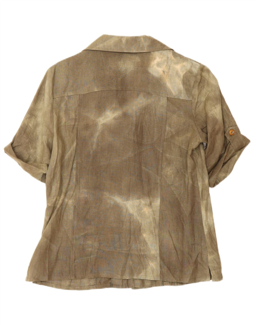 Blusa feminina vintage de manga curta UK 12 médio caqui tie dye seda