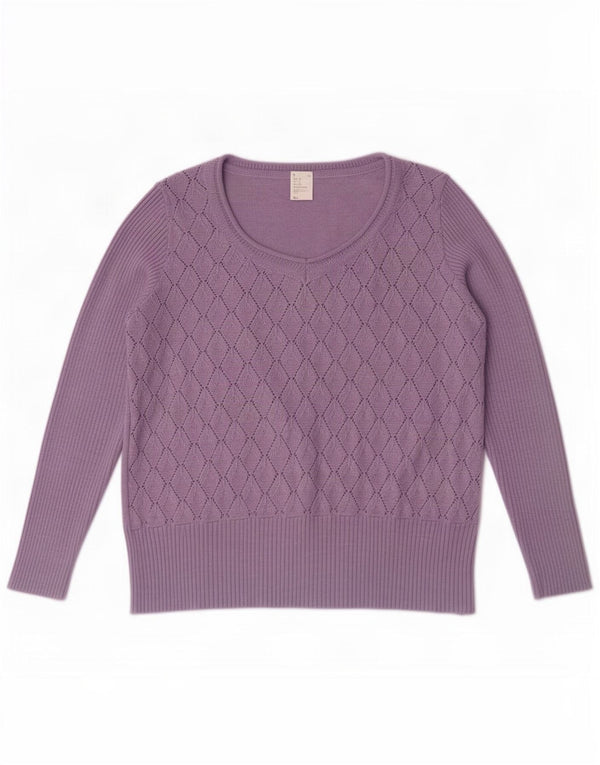 Suéter feminino vintage com decote em V IT 46 grande lã virgem roxa