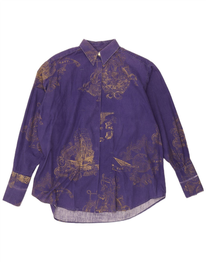 Camisa feminina Ferre com padrão abstrato grande Reino Unido 14 algodão roxo médio