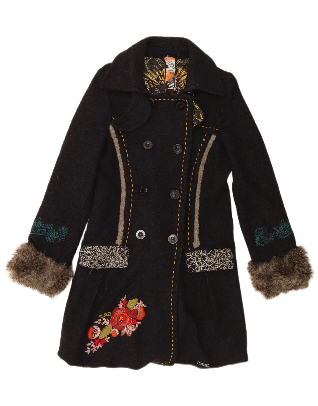 Casaco feminino Desigual com botões duplos gráficos EU 40 médio preto floral