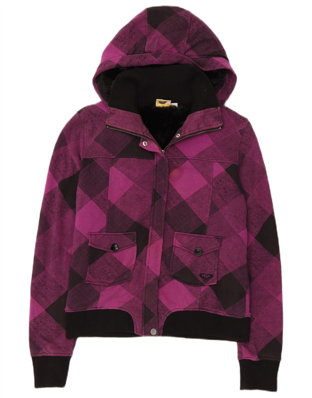 Jaqueta bomber feminina Roxy com capuz Reino Unido 12 algodão xadrez médio roxo