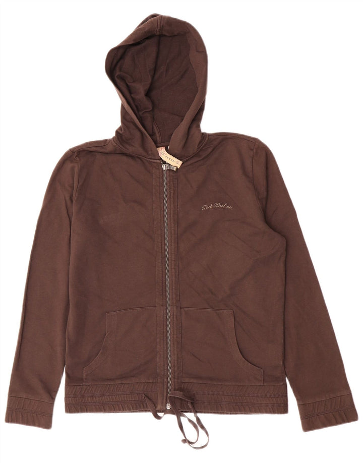 Suéter feminino Ted Baker com capuz e zíper gráfico tamanho 3 algodão marrom médio