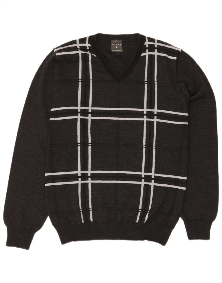 Suéter masculino KITARO com decote em V grande lã xadrez cinza