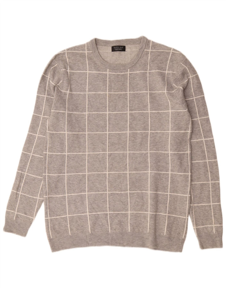 Zara Suéter masculino com gola redonda XL cinza xadrez nylon