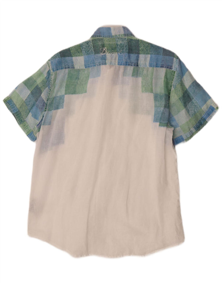 Desigual Camisa masculina gráfica de manga curta grande linho xadrez branco