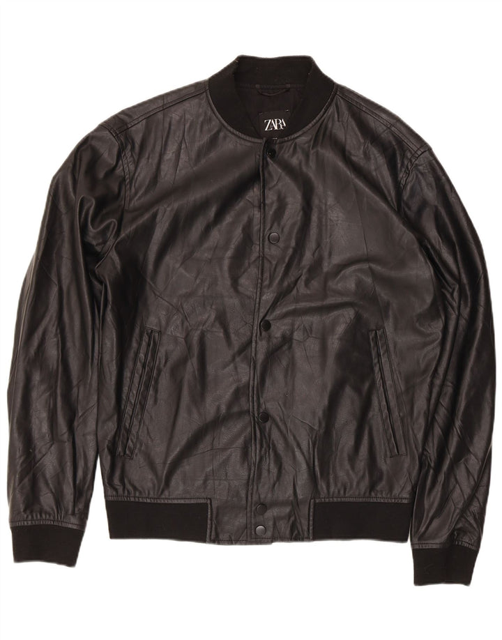 Jaqueta bomber masculina Zara de couro sintético Reino Unido 38 poliéster preto médio