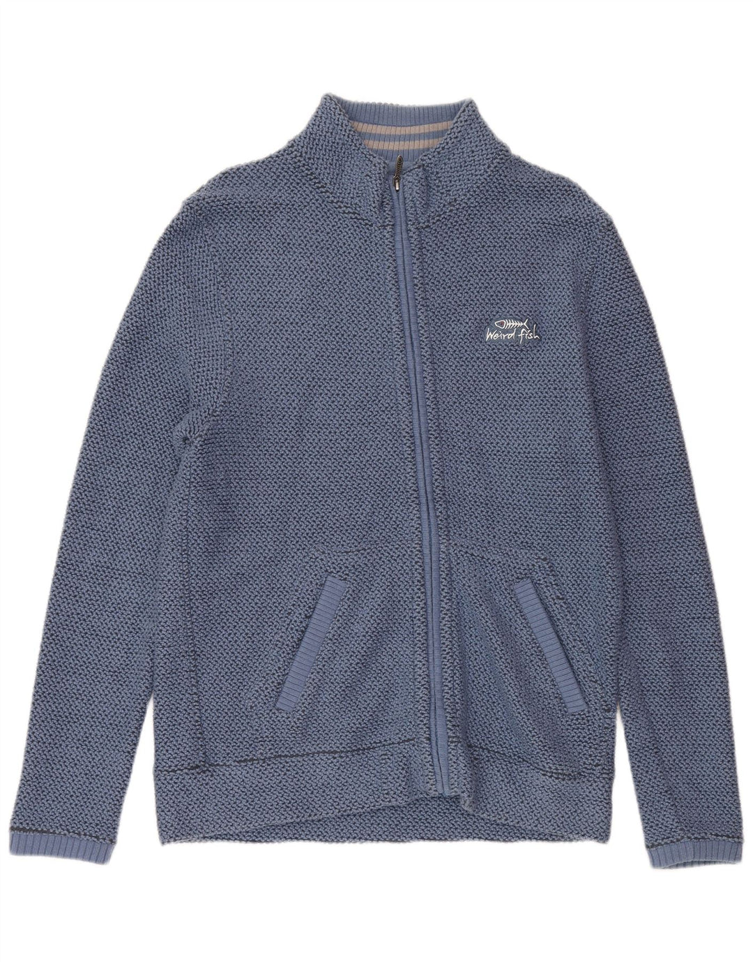 WEIRD FISH Mens Cardigan Suéter Pequeno Algodão Azul