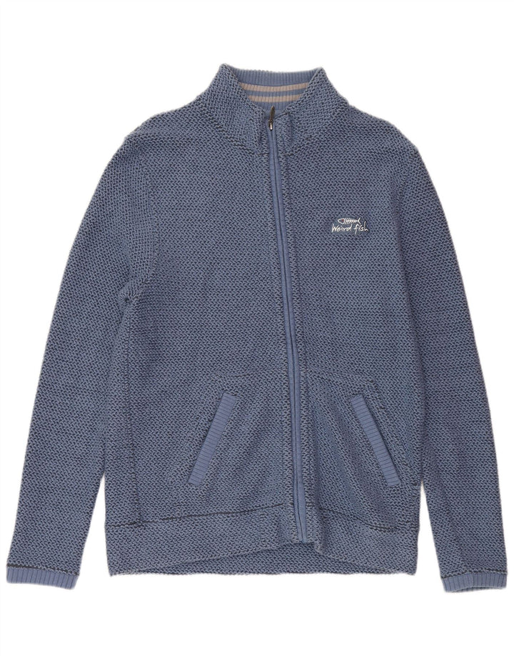 WEIRD FISH Mens Cardigan Suéter Pequeno Algodão Azul