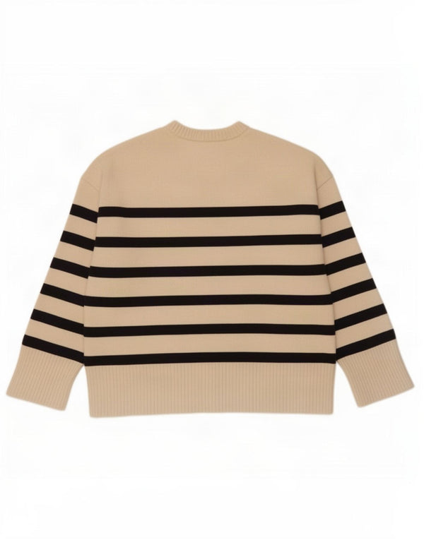 Zara Suéter feminino oversized com gola redonda Reino Unido 16 grande listrado bege
