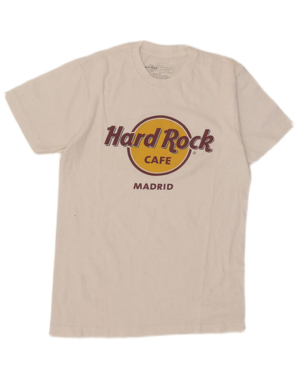 Camiseta masculina Hard Rock Cafe Madrid com estampa gráfica pequena de algodão branco