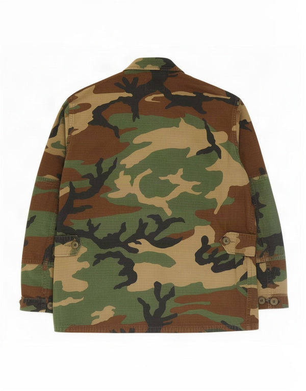 Jaqueta militar gráfica masculina vintage Reino Unido 36 algodão camuflado cáqui pequeno