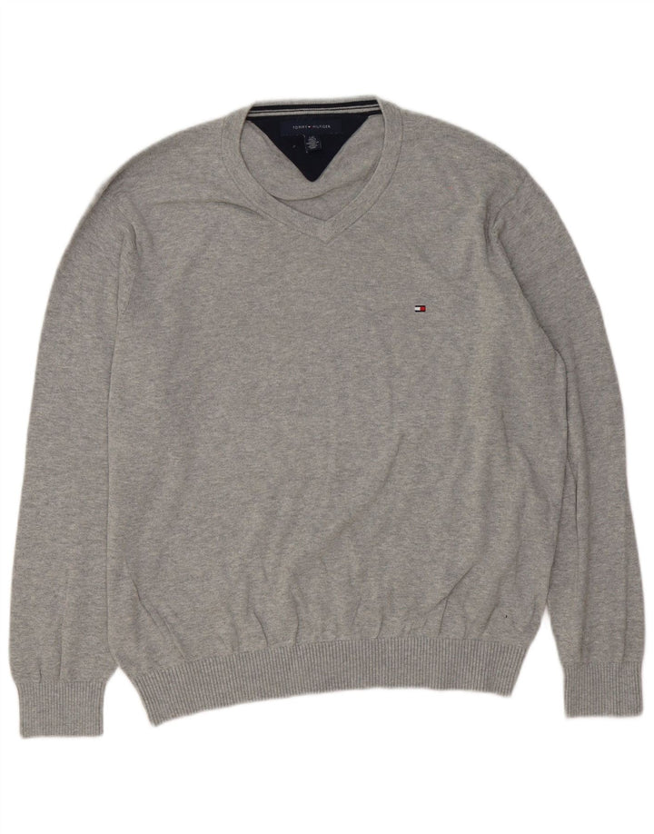 Suéter masculino Tommy Hilfiger com decote em V grande algodão cinza