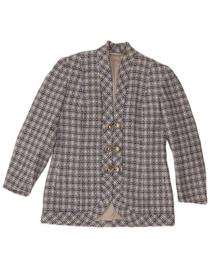 Jaqueta Blazer Feminina Vintage com 3 Botões Reino Unido 14 Azul Médio Geométrico